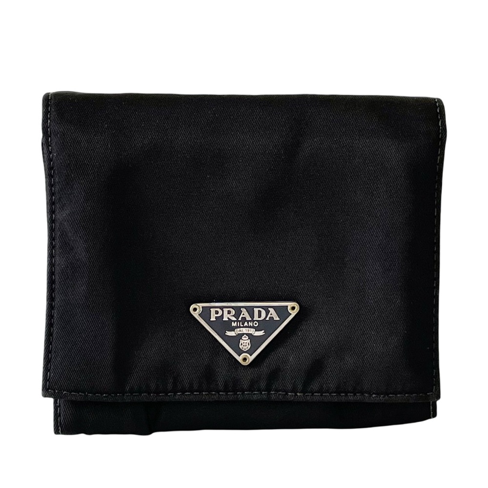 Prada black nylon triangle logo small trifold snap wallet